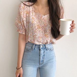 Pink floral button down top